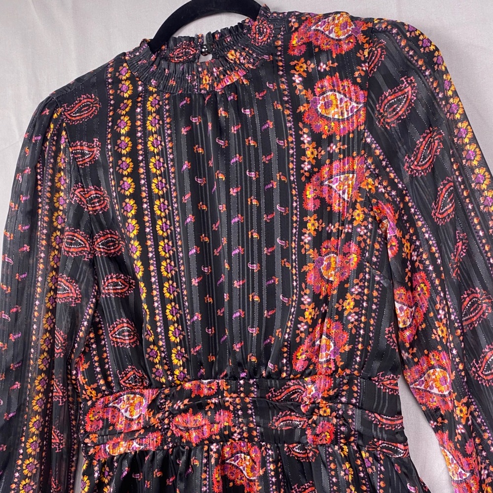 Koko + Mason Paisley Long Sleeve Mini Dress Women Small Black Pink Metallic Boho